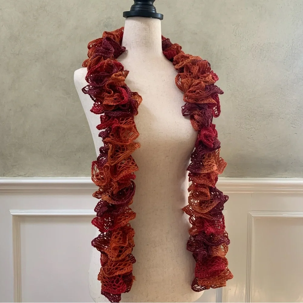 Artisan Handcrafted Ruffled Crochet / Knit Scarf Burgandy Rustic Orange